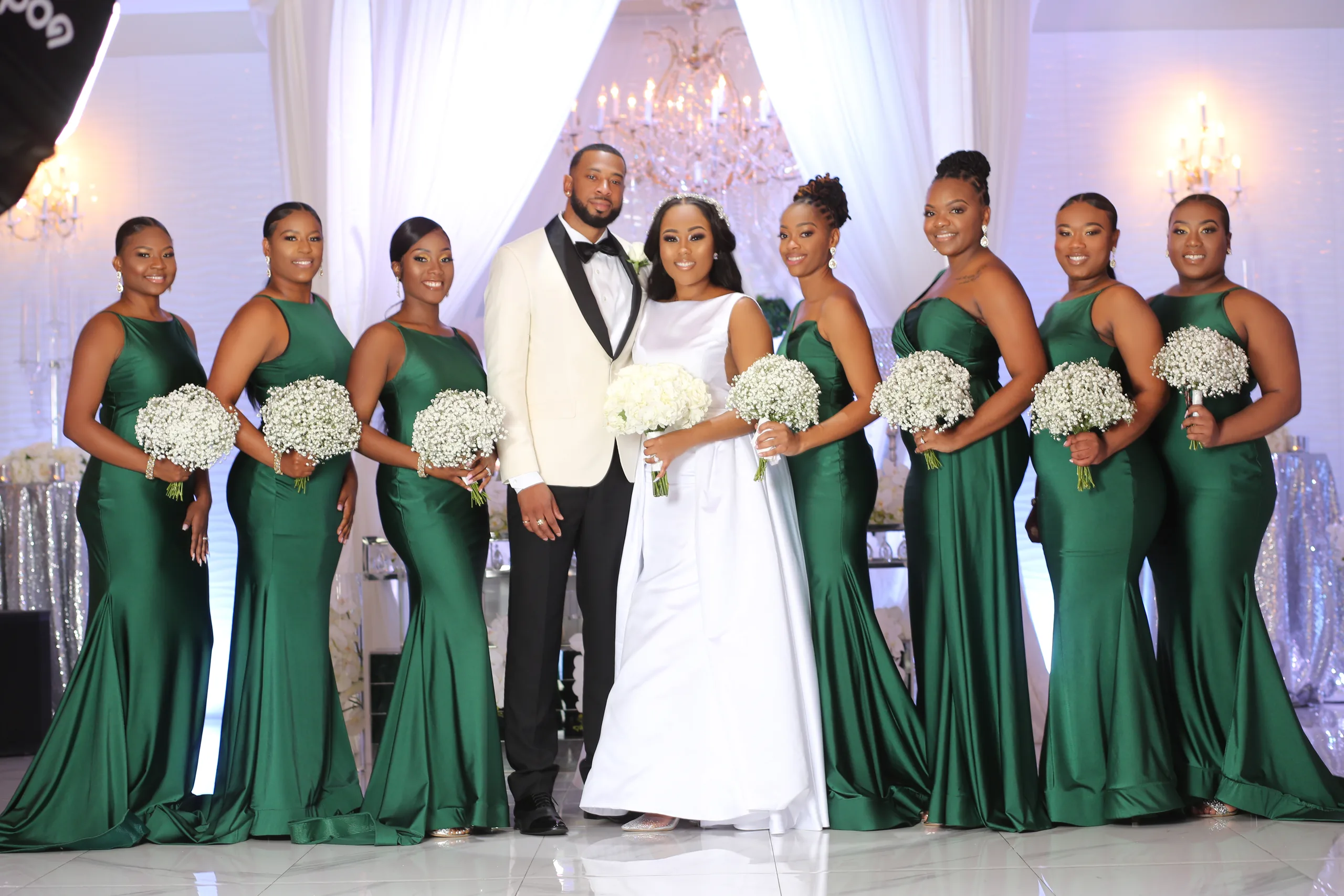 Wedding party in emerald gowns